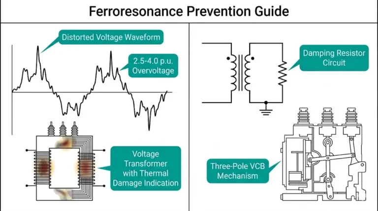 Ferroresonance in medium-voltage systems showing voltage transformer thermal damage and seven prevention methods