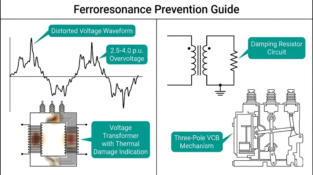 Ferroresonance in medium-voltage systems showing voltage transformer thermal damage and seven prevention methods