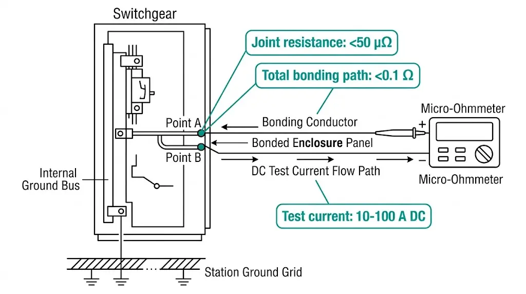 Schema di configurazione del test di continuità del bus di terra che mostra i punti di connessione del micro-ohmmetro e i valori di misurazione della resistenza accettabili