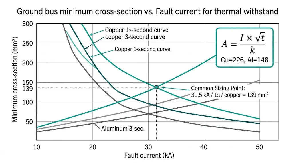 Tabella di dimensionamento della resistenza termica della sbarra di terra che mostra la sezione minima in funzione della corrente di guasto per conduttori in rame e in alluminio
