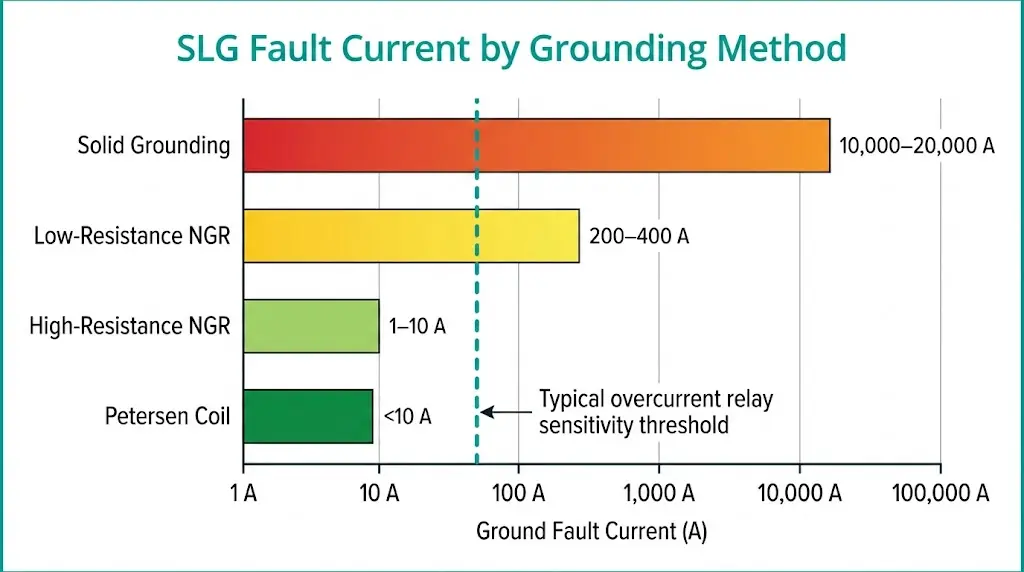 Bar chart comparing ground fault current: solid grounding 10,000+ A, LRG 200-400 A, HRG 1-10 A, Petersen coil under 10 A