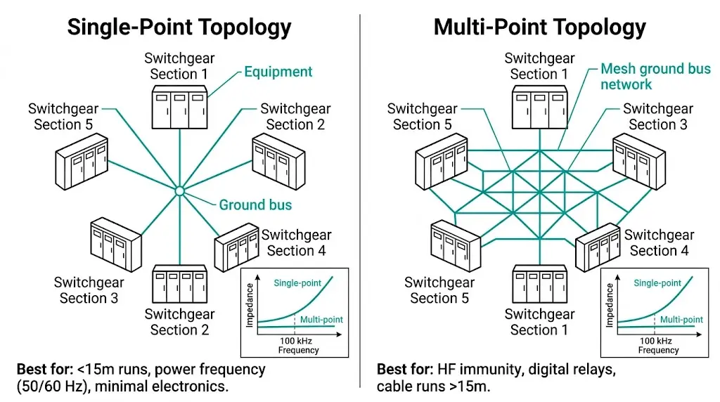 Diagramma di confronto tra topologia di messa a terra a stella a un punto e topologia di messa a terra a rete a più punti per la progettazione EMC dei quadri elettrici