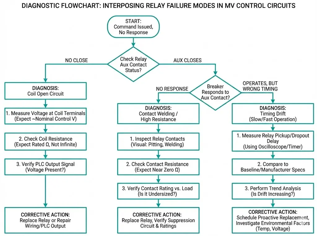 Diagnostic flowchart for interposing relay failures showing coil open circuit contact welding and timing drift paths