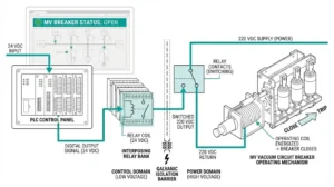 Interposing relay system interfacing PLC digital outputs with medium-voltage vacuum circuit breaker operating coils showing isolation barrier