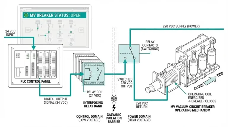 Interposing relay system interfacing PLC digital outputs with medium-voltage vacuum circuit breaker operating coils showing isolation barrier