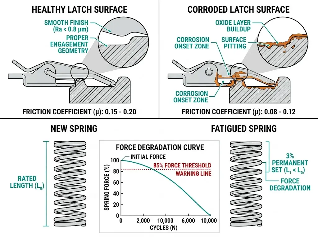 Comparison diagram showing healthy versus corroded latch surfaces and spring force degradation curve with 85% threshold