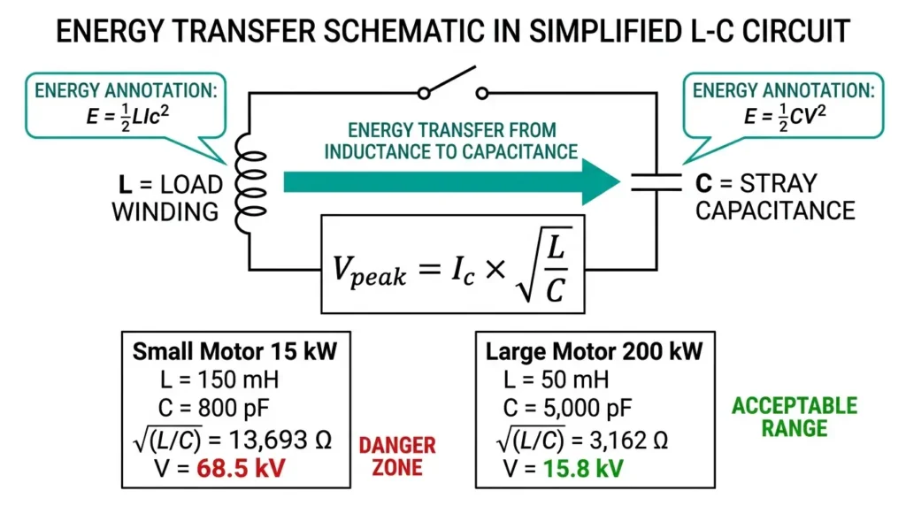 Диаграмма передачи энергии в цепи L-C при сравнении перенапряжения малого двигателя 68 кВ с перенапряжением большого двигателя 16 кВ с помощью формулы импульсного сопротивления