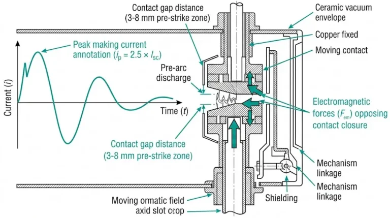 Making capacity circuit breaker diagram showing asymmetrical fault current peak during closing-on-fault operation with contact system forces