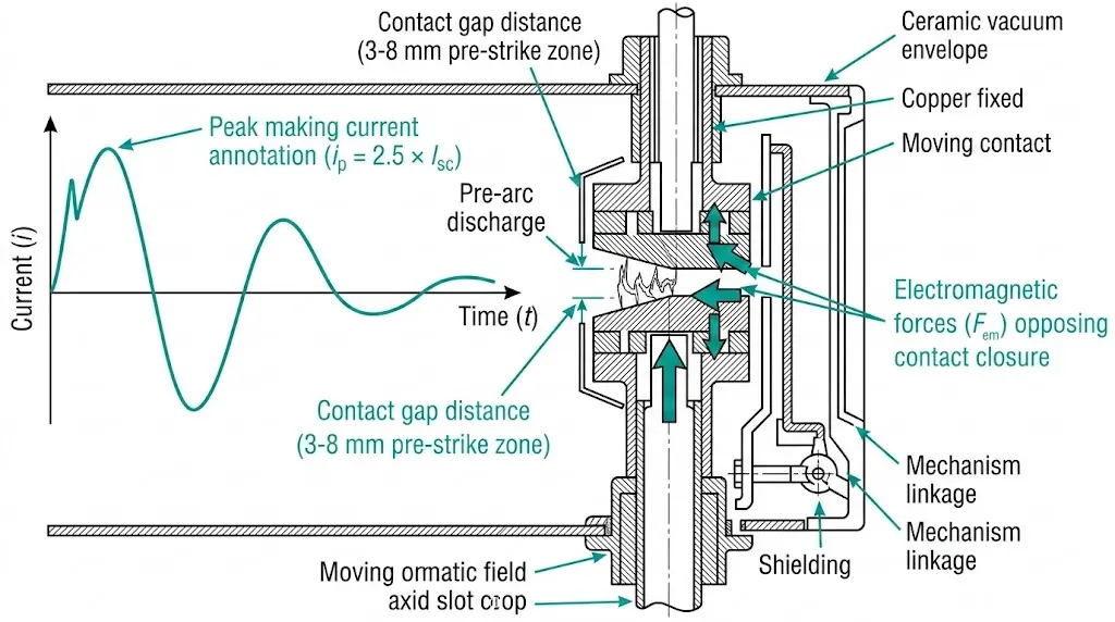 Making capacity circuit breaker diagram showing asymmetrical fault current peak during closing-on-fault operation with contact system forces