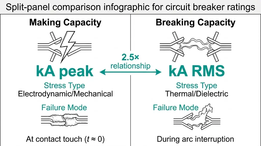 Making capacity versus breaking capacity comparison diagram showing kA peak versus kA RMS units and different failure modes