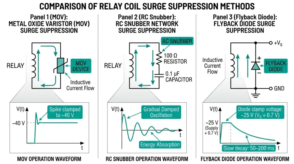 Circuit schematic comparison of MOV, RC snubber, and flyback diode surge suppression methods with voltage waveform characteristics