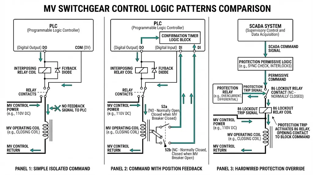 Three control logic patterns for MV switchgear showing simple command, position feedback, and hardwired protection override
