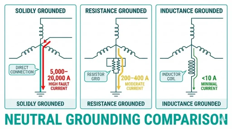 Three-panel comparison of neutral grounding methods showing solid, NGR, and Petersen coil configurations