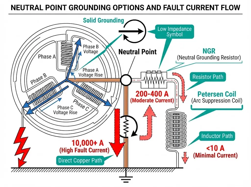 Transformer neutral point diagram showing three grounding paths: solid conductor, NGR resistor, and Petersen coil with fault current indicators
