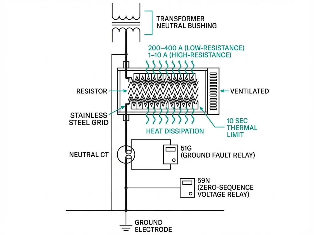 Petersen coil schematic with vector diagram showing capacitive and inductive current cancellation for arc suppression