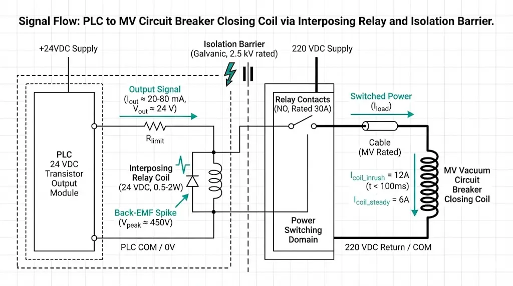 Signal flow diagram showing PLC output to interposing relay to MV breaker coil with isolation barrier and voltage levels