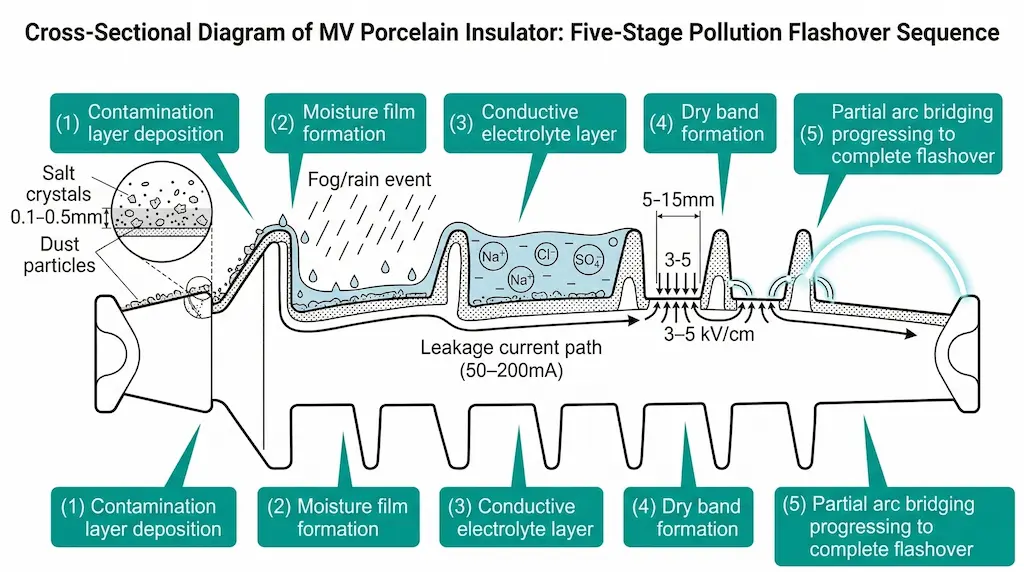 Five-stage pollution flashover sequence on MV insulator showing contamination deposition, moisture wetting, dry band formation, and arc progression