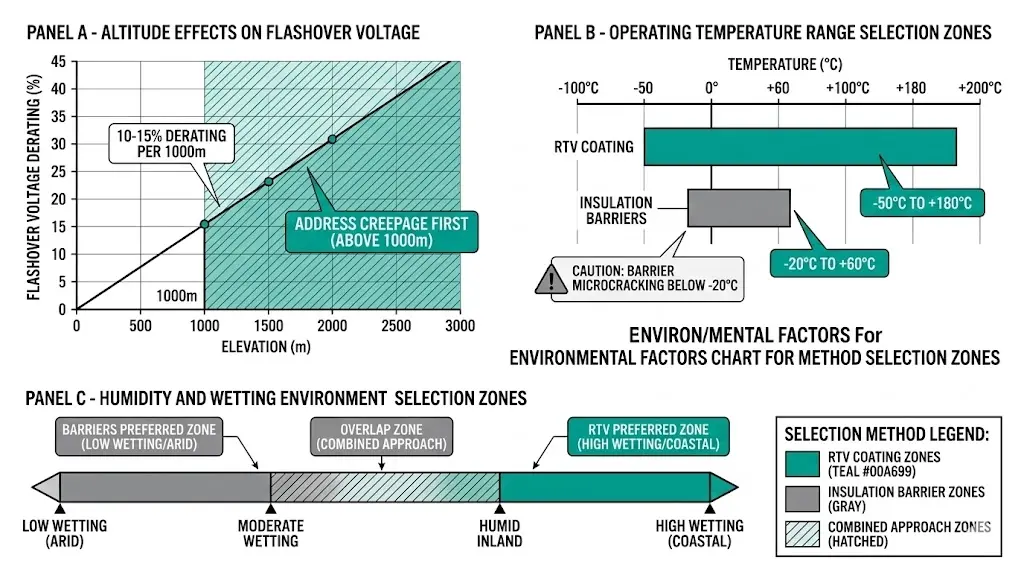Environmental factors chart showing altitude derating, temperature operating ranges, and humidity effects on RTV coating and insulation barrier selection