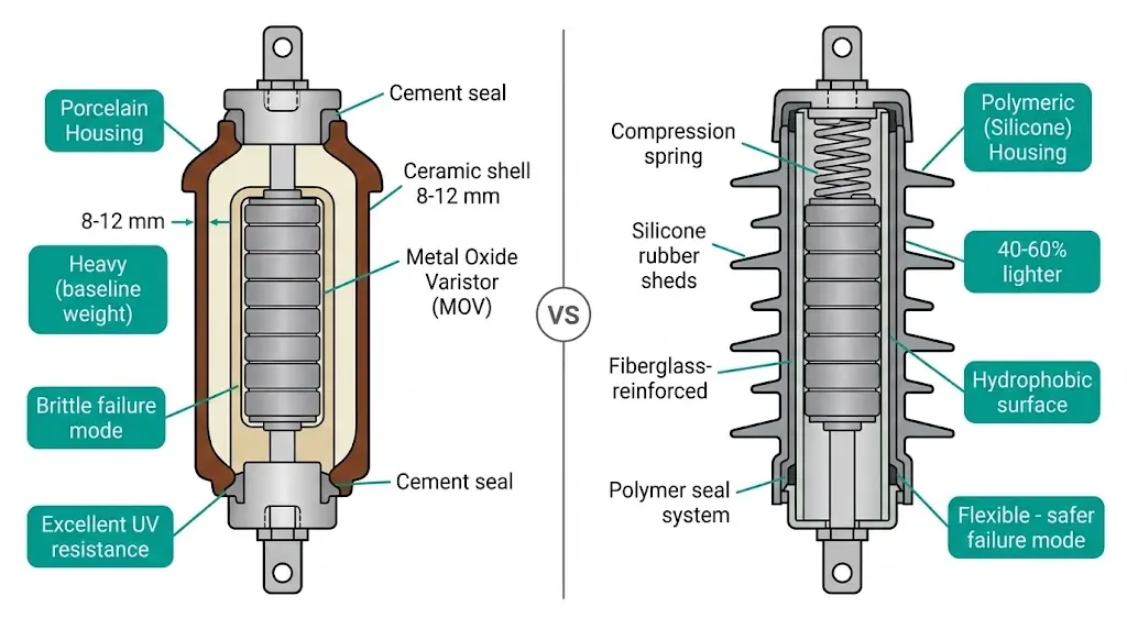 Porcelain versus polymeric surge arrester housing cross-section comparison showing construction differences and key performance characteristics