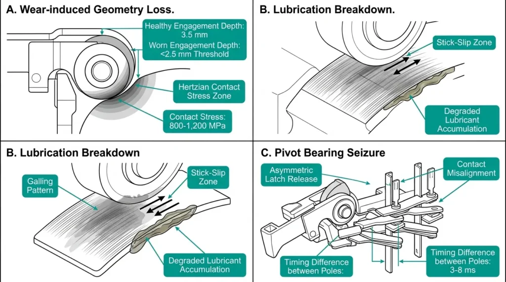 Three-panel diagram showing roller latch failure modes: wear-induced geometry loss, lubrication breakdown galling, and pivot bearing seizure