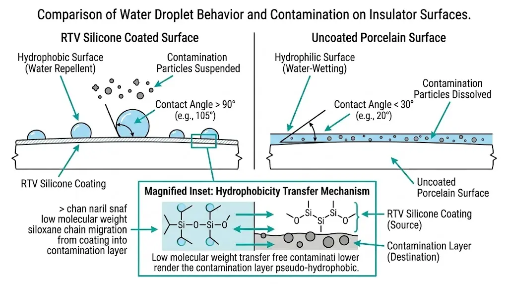 RTV silicone coating water droplet contact angle greater than 90 degrees compared to uncoated porcelain with continuous water film below 30 degrees