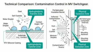 RTV silicone coating hydrophobic water beading compared to insulation barrier physical contamination protection on medium-voltage insulator surfaces