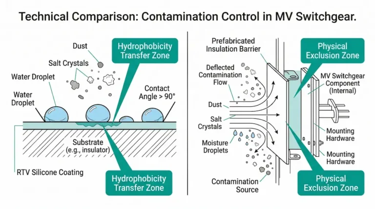 RTV silicone coating hydrophobic water beading compared to insulation barrier physical contamination protection on medium-voltage insulator surfaces