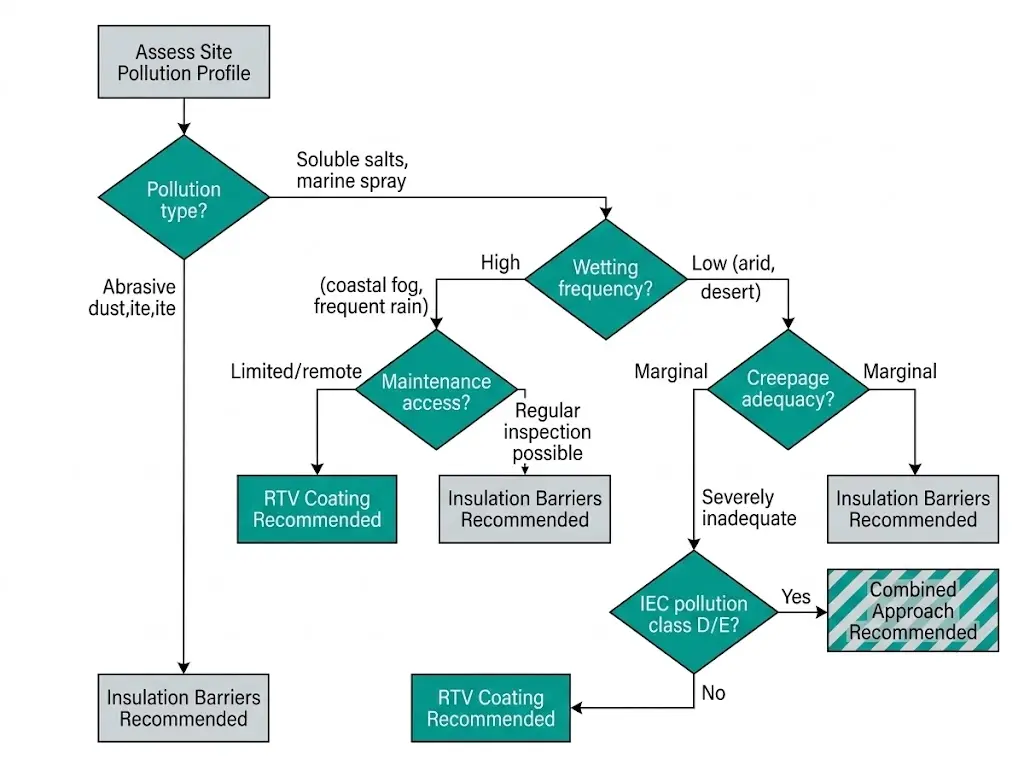 Decision flowchart for selecting RTV coating or insulation barriers based on pollution type, maintenance access, and creepage adequacy