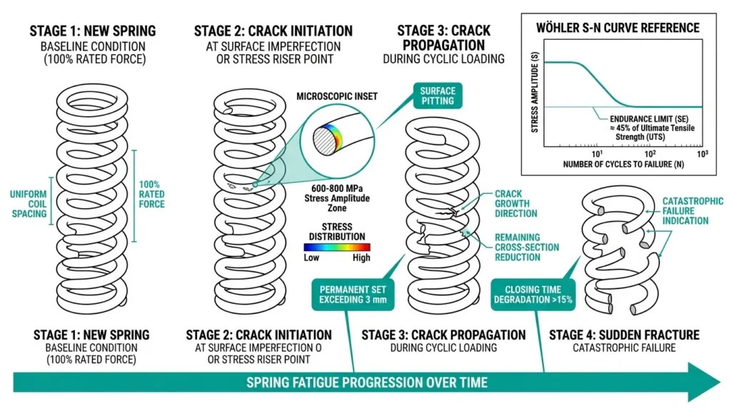 Four-stage diagram showing spring fatigue progression from crack initiation through propagation to sudden fracture with stress zones