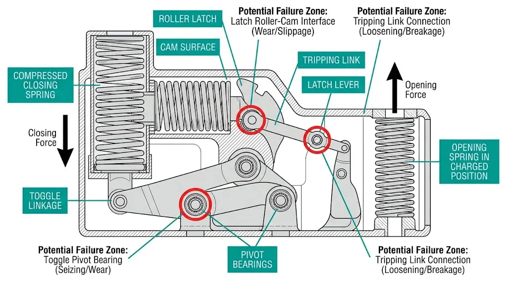 Stored-energy mechanism cutaway showing spring assembly, roller latch, and tripping link with failure zone highlights