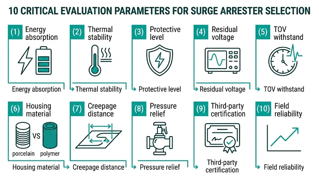 Ten critical surge arrester evaluation parameters infographic showing energy absorption, thermal stability, protective level, and certification criteria