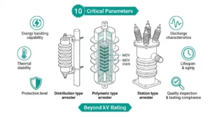 Surge arrester manufacturer evaluation guide showing three arrester types with 10 critical parameter assessment icons