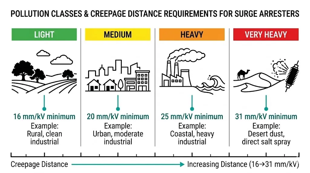 Surge arrester pollution class chart showing creepage distance requirements from 16 to 31 mm/kV for light through very heavy contamination environments