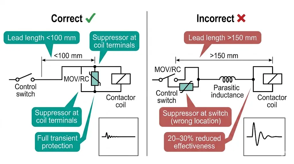 Comparison of correct surge suppressor installation at coil terminals versus incorrect installation at control switch showing lead length effects