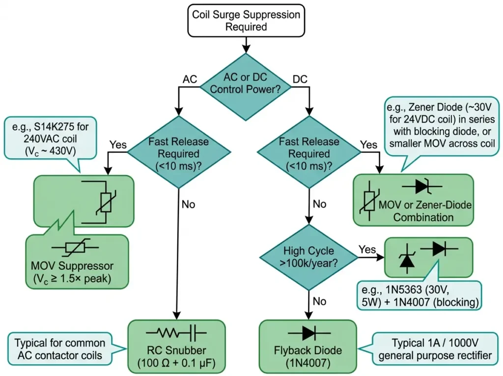 Decision flowchart for selecting MOV, RC snubber, or flyback diode surge suppressor based on AC/DC supply and release time requirements