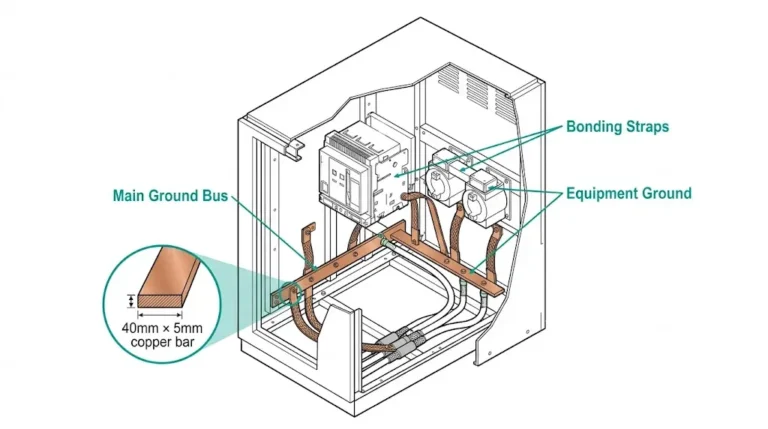 சுவிட்ச் கியர் கிரவுண்ட் பஸ் அமைப்பின் வெட்டுப்படம், இது உறைப் பலகைகள் மற்றும் உபகரணச் சட்டங்களுக்கான பாண்டிங் இணைப்புகளுடன் கூடிய செப்பு பஸ் பாரைக் காட்டுகிறது.