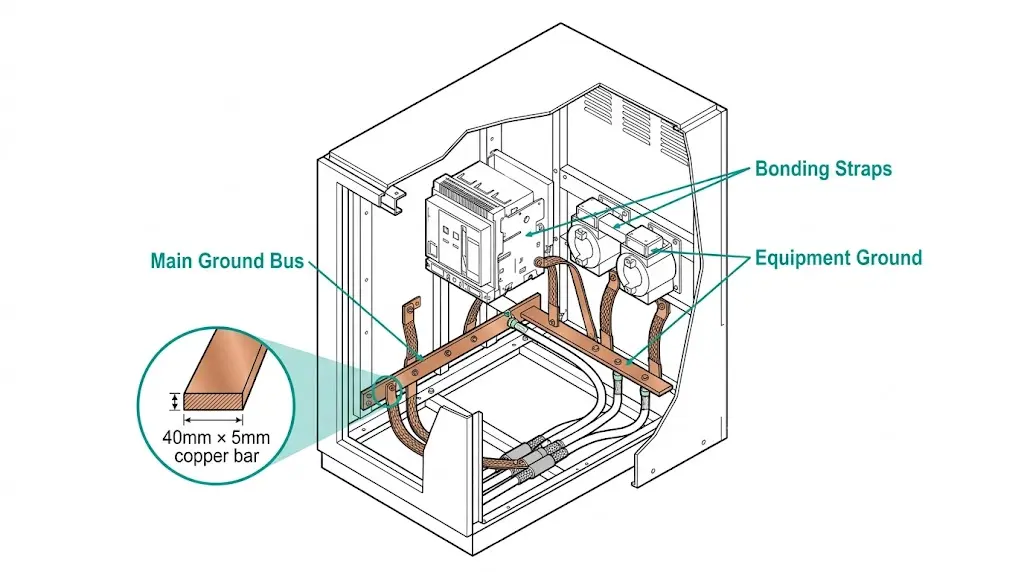 Spaccato del sistema di sbarre di terra del quadro elettrico che mostra la sbarra in rame con i collegamenti di collegamento ai pannelli dell'armadio e ai telai delle apparecchiature.
