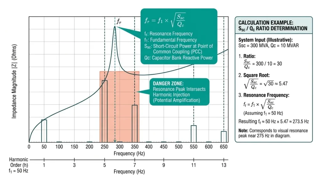 System impedance scan diagram showing resonance peak location relative to VFD harmonic injection points at 5th 7th and 11th harmonic frequencies