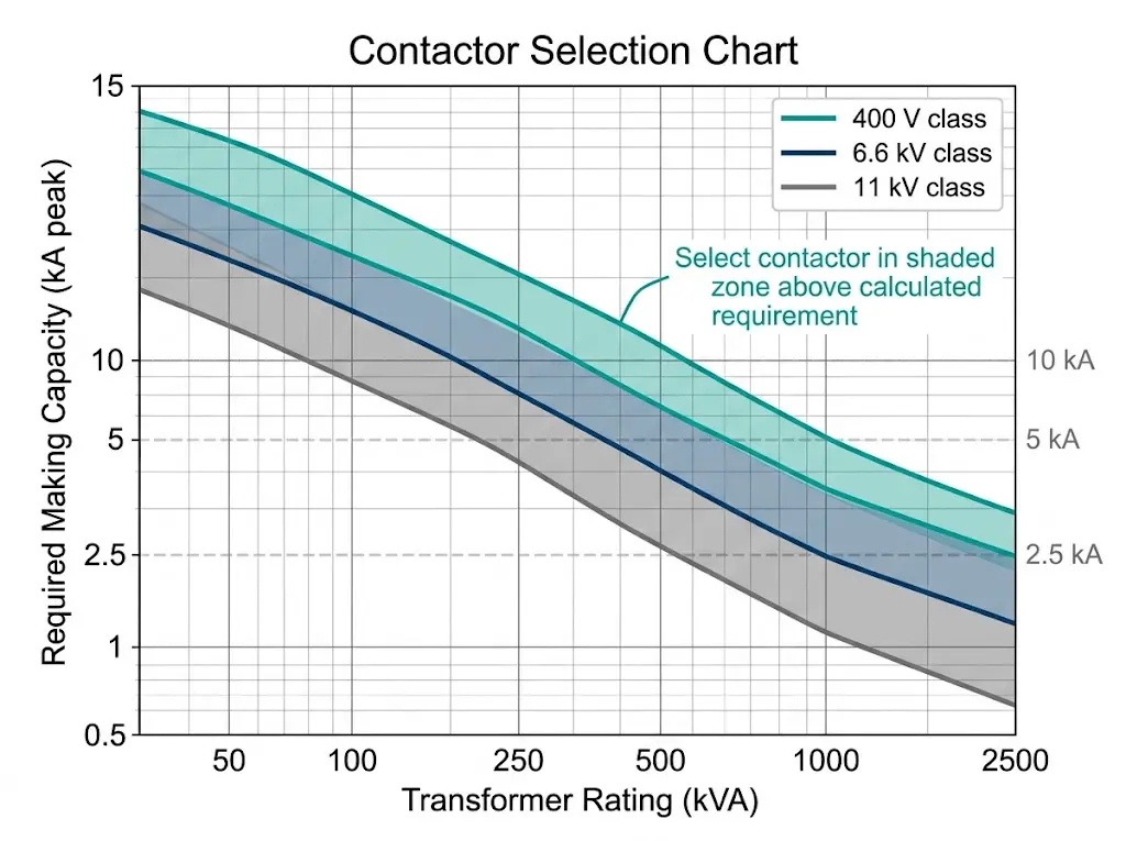 Coordination nomograph chart linking transformer kVA rating to required vacuum contactor making capacity for 400V 6.6kV and 11kV systems