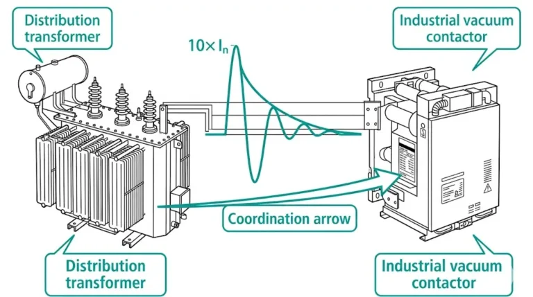 Vacuum contactor energizing distribution transformer showing inrush current waveform with asymmetrical peak and coordination diagram