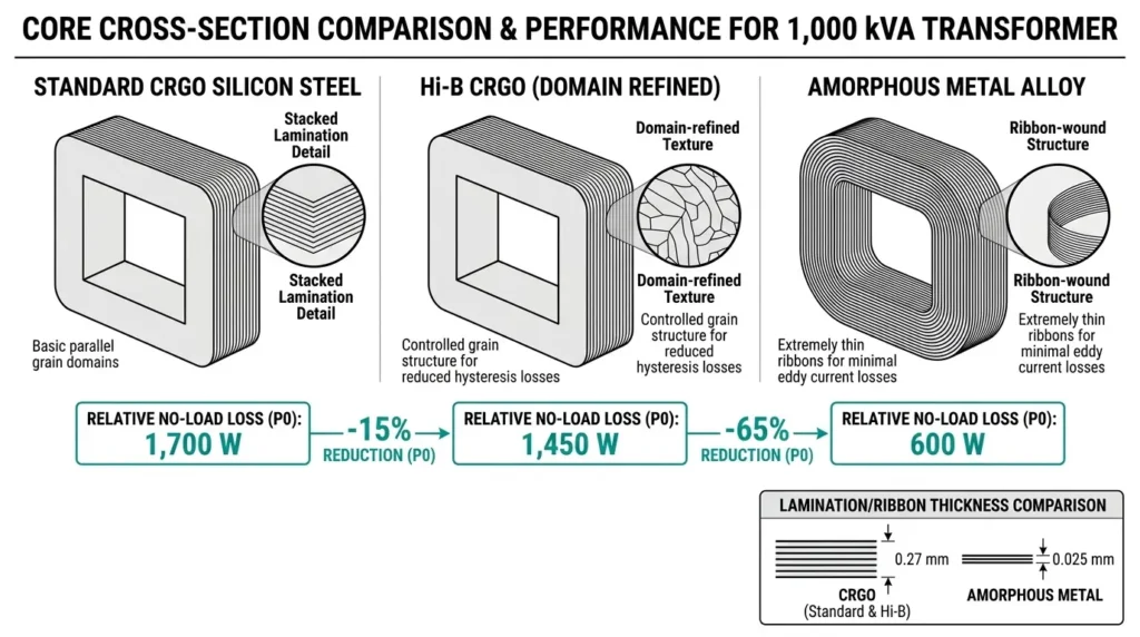 Cross-section comparison of standard CRGO, Hi-B CRGO, and amorphous transformer cores with P0 loss values