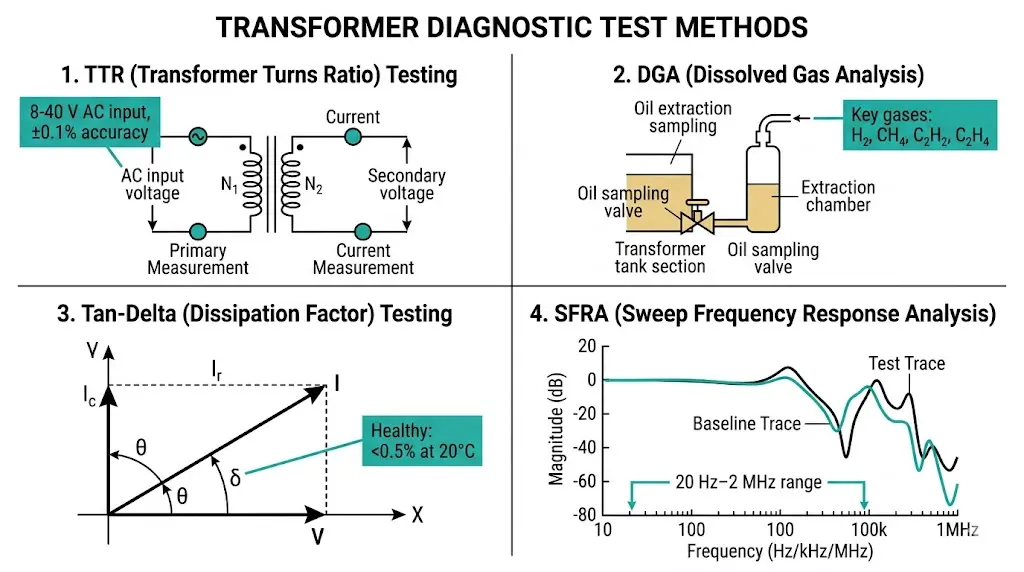 Four-quadrant diagram showing transformer diagnostic test methods TTR turns ratio DGA dissolved gas tan-delta dissipation factor and SFRA frequency response with measurement parameters