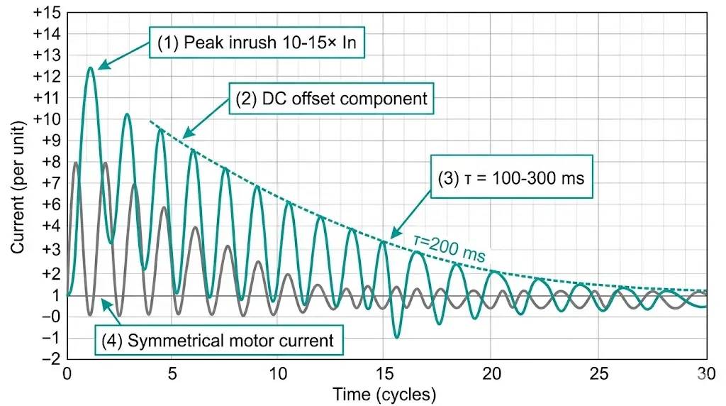 Transformer inrush current waveform diagram comparing asymmetrical magnetizing surge with DC offset to symmetrical motor starting current
