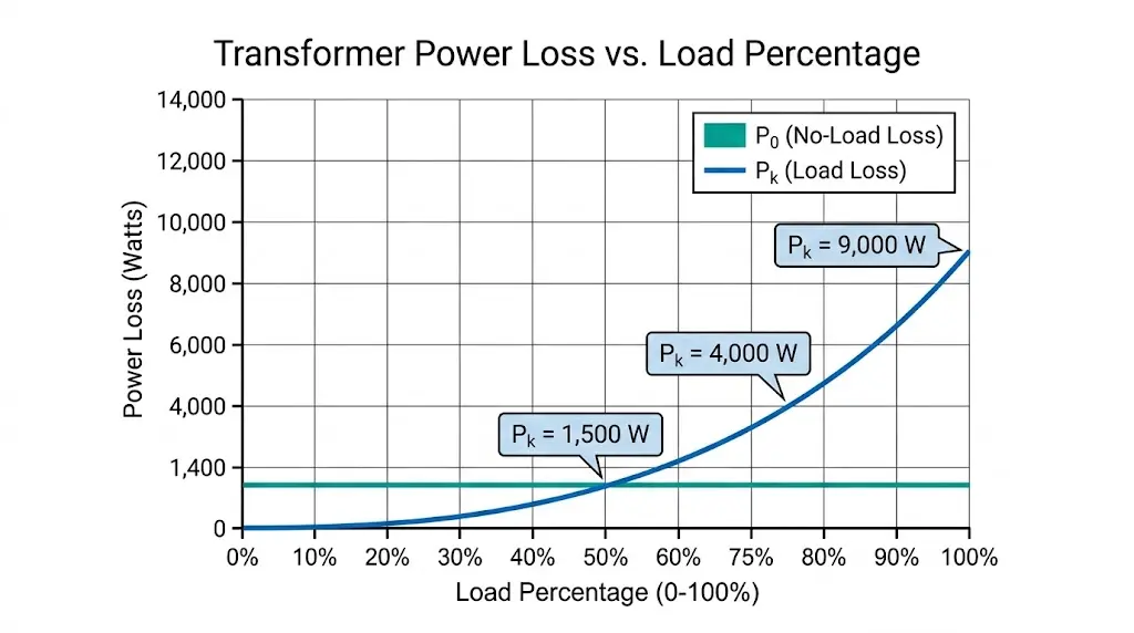 Graph showing P0 as constant horizontal line versus Pk exponential curve increasing with transformer load percentage