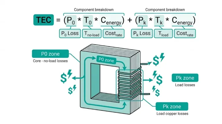 Transformer diagram showing P0 no-load losses in core and Pk load losses in windings with TCO formula components