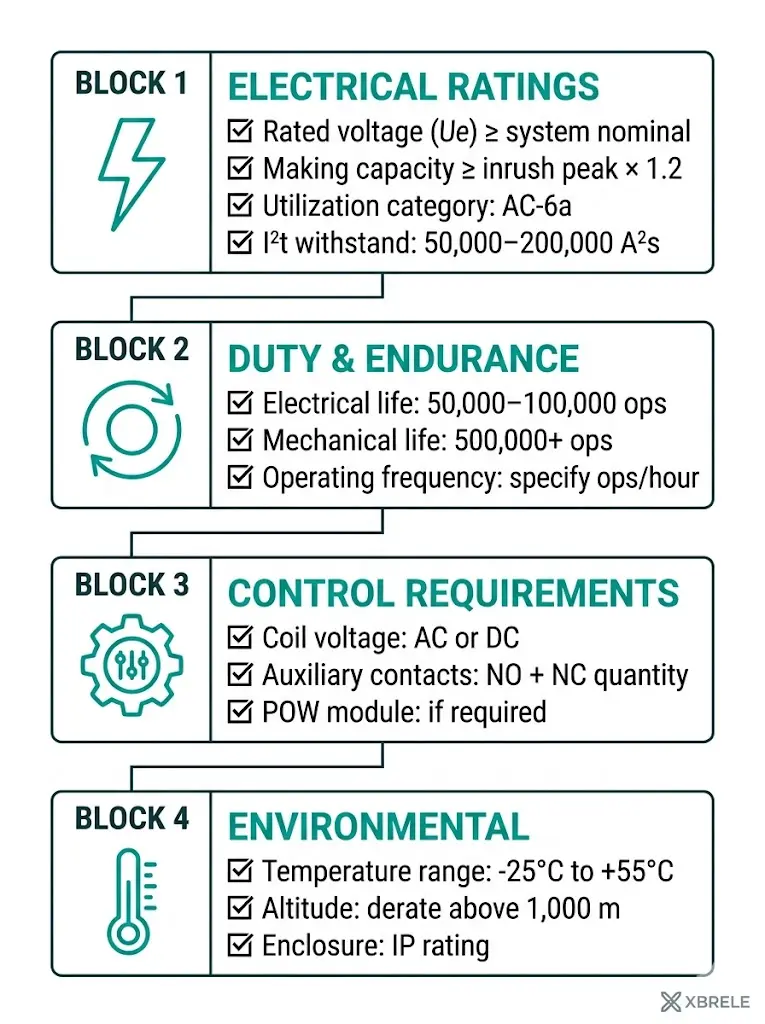 Visual specification checklist infographic for transformer switching contactors showing electrical ratings duty parameters control and environmental requirements