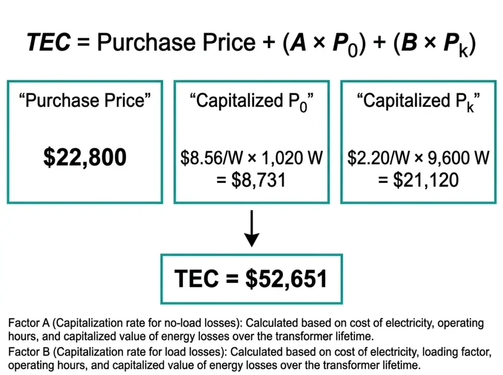 Total Evaluated Cost formula infographic showing purchase price plus capitalized P0 and Pk loss components