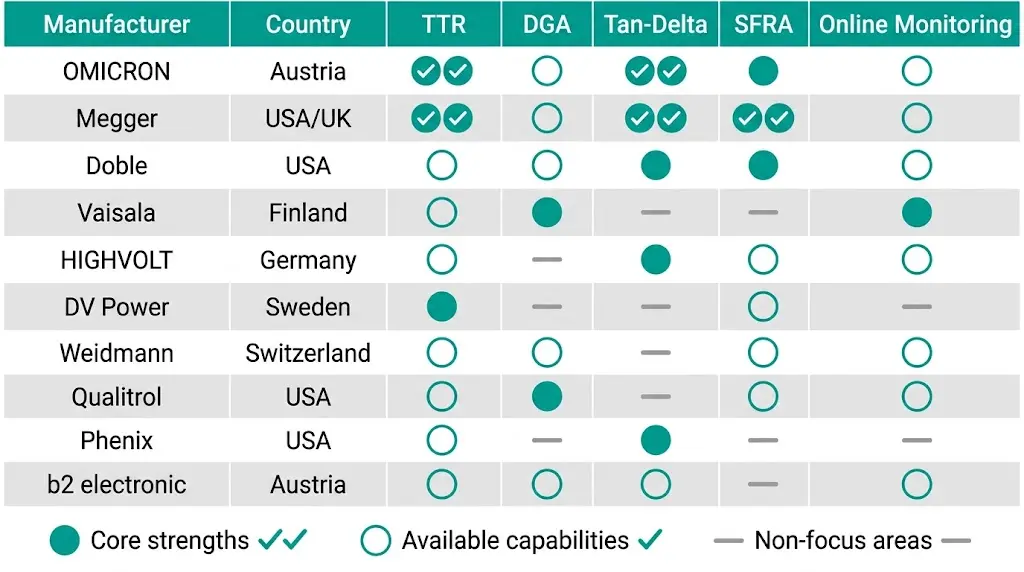 Comparison matrix table showing 10 transformer test equipment manufacturers rated by TTR DGA tan-delta SFRA and online monitoring capabilities