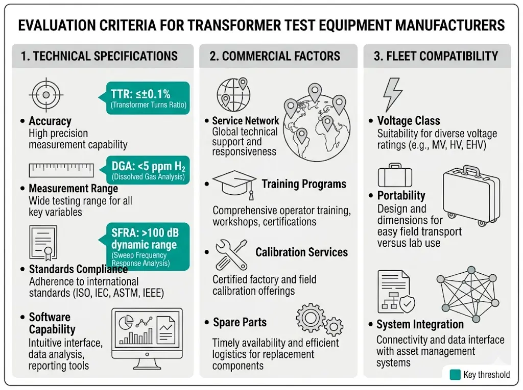 Evaluation criteria checklist for transformer test equipment manufacturers showing technical specifications commercial factors and fleet compatibility requirements