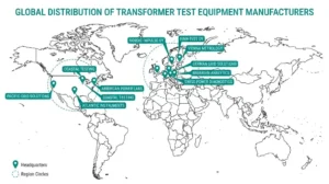 World map showing headquarters of 10 transformer test equipment manufacturers including OMICRON, Megger, Doble, Vaisala, and DV Power across Europe and North America